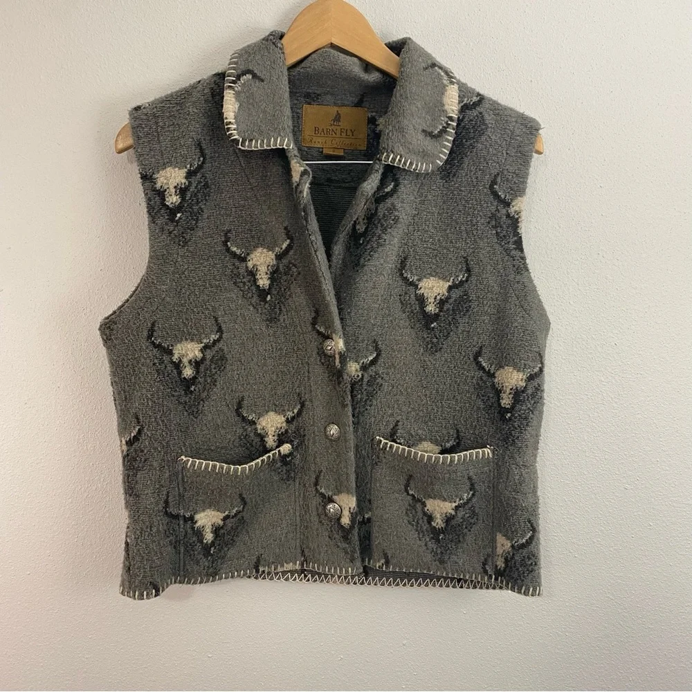 Barn Fly Ranch Collection Made in USA Grey Vest Buffalo Button Up Vest Small - Picture 1 of 7